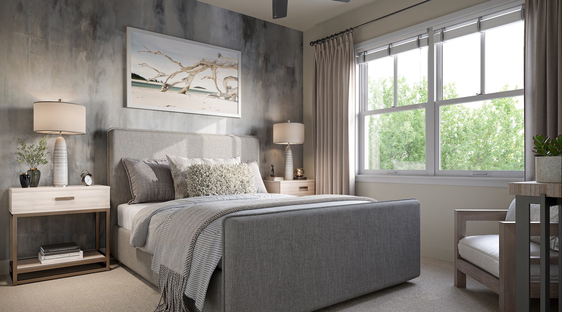 a bedroom with a bed and two nightstands