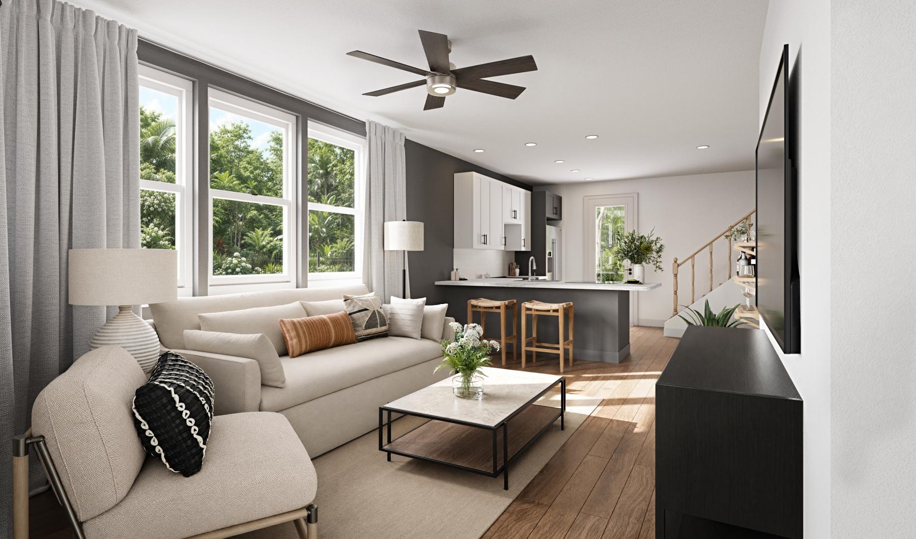 a living room with a large window