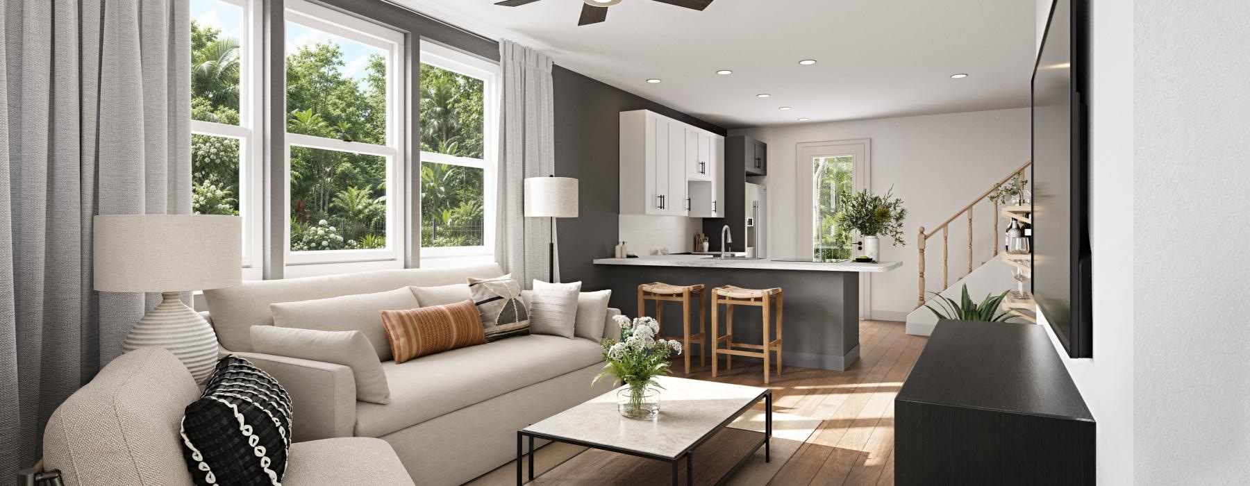 a living room with a large window