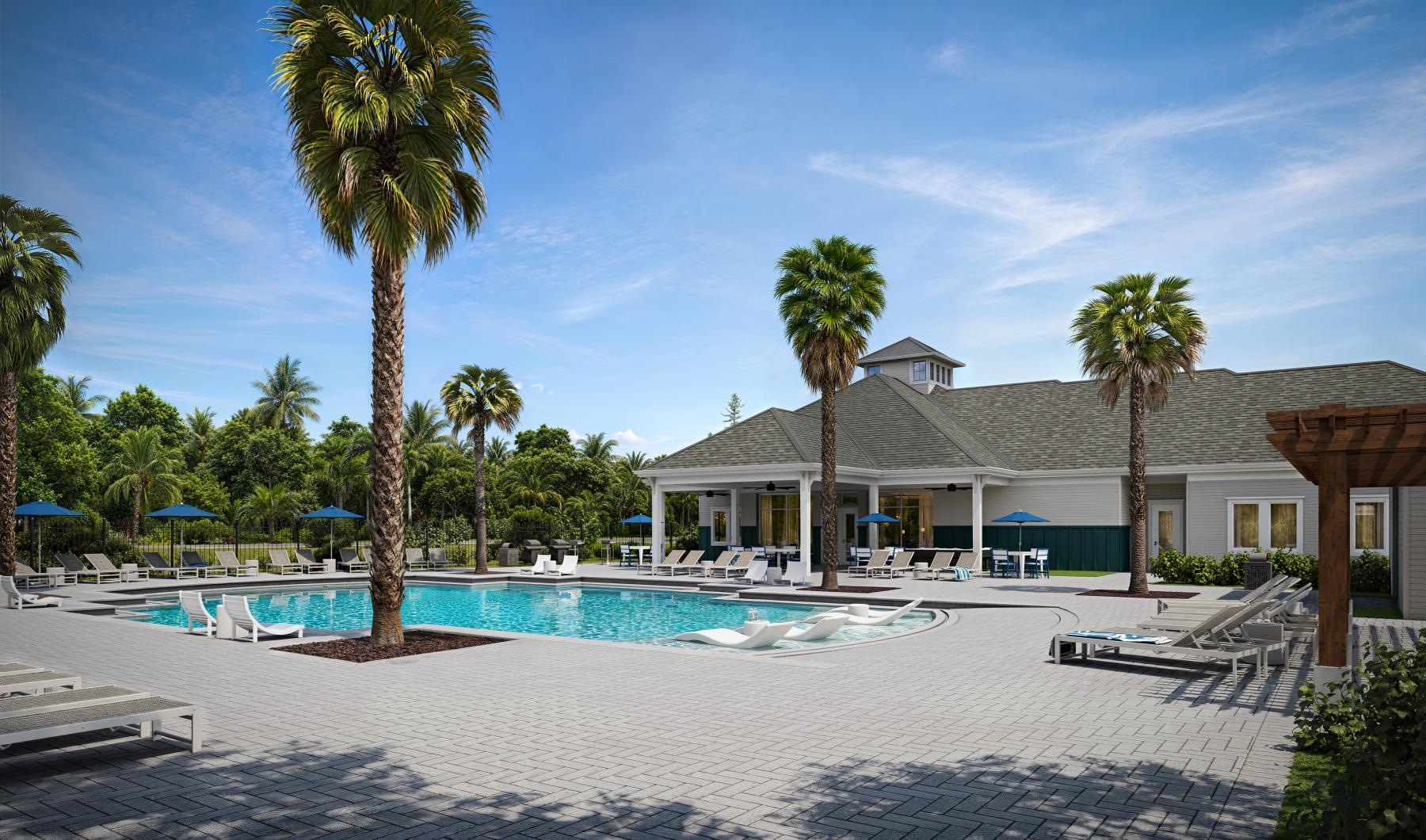a swimming pool in front of a house
