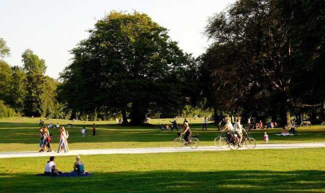a group of people in a park
