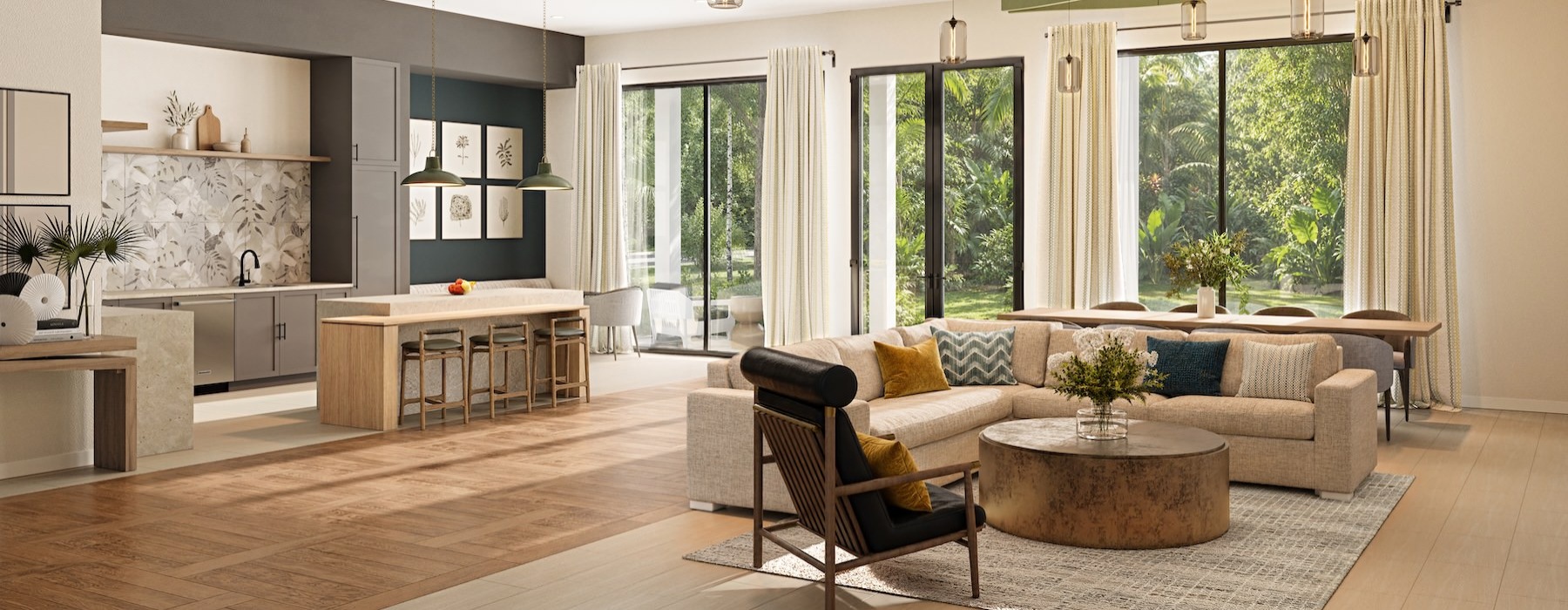 a clubroom with a couch, tables and chairs