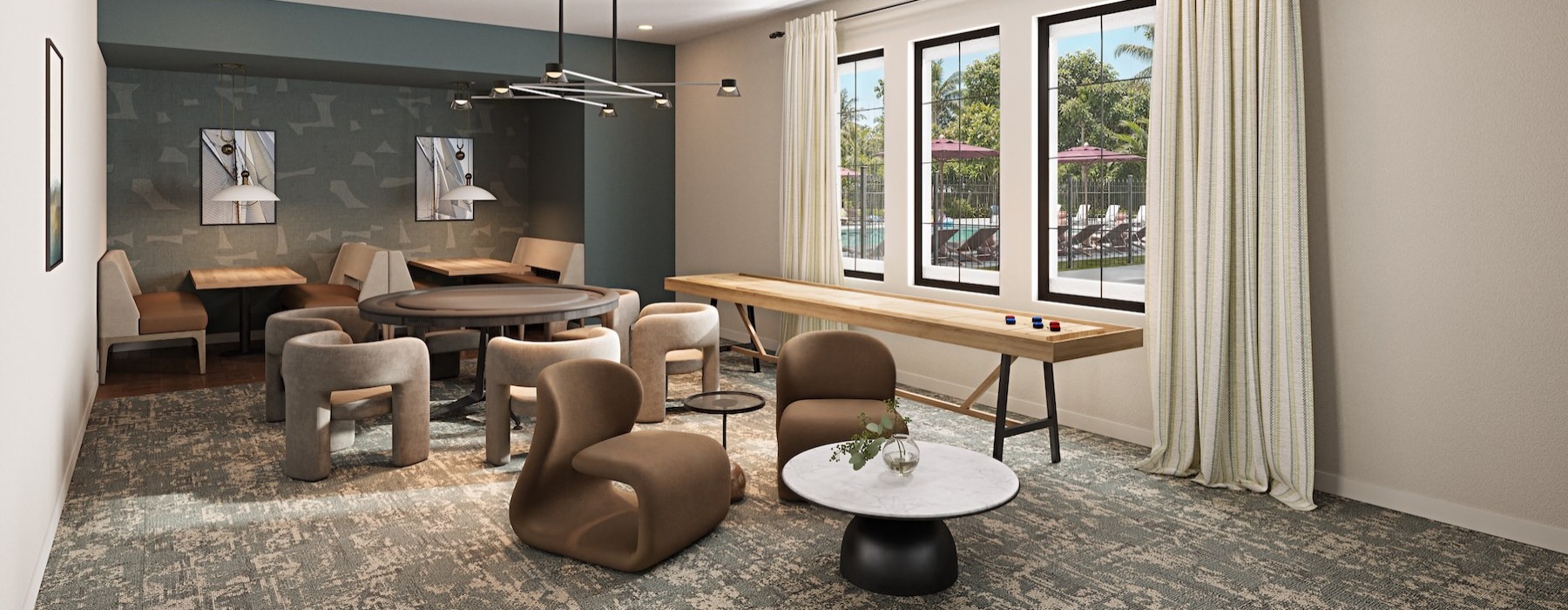 a game room with tables and chairs