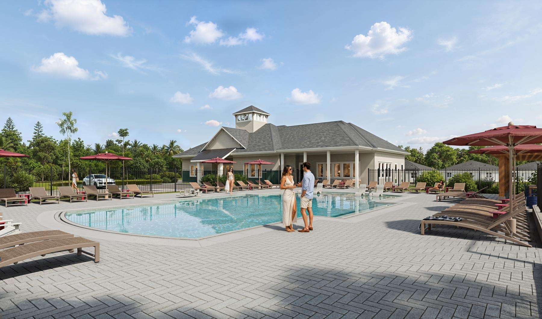 a couple standing by a pool
