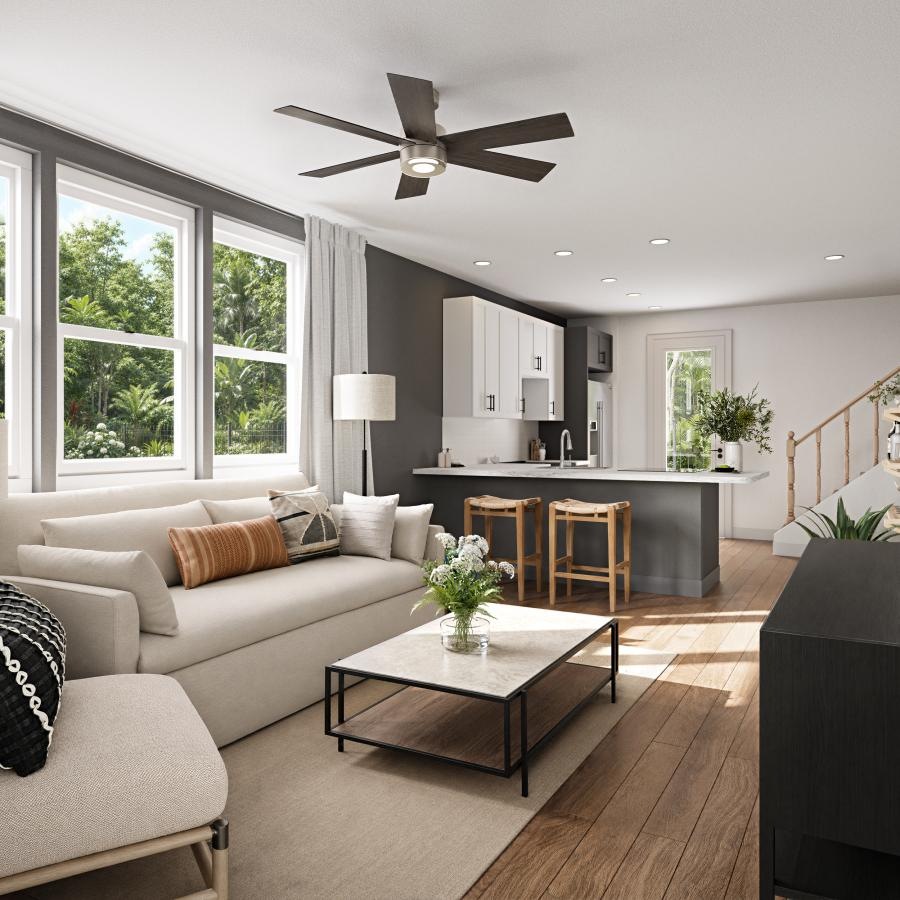 a living room with a large window