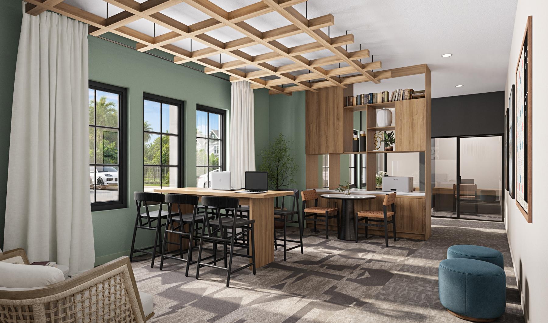 a room with a table chairs and a large window